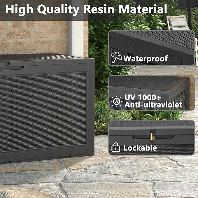NUNU LAB 102 Gallon Large Waterproof Resin Deck Box, Lockable Outdoor Storage Box with Gas Lift, Patio Cushions, Garden Tools, Pool Supplies, Indoor Outdoor Storage Container, Black
