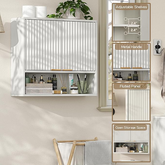Furnideco Bathroom Medicine Cabinet with Fluted Doors, 3-Tier Modern Wall Cabinet Over Toilet, Small Hanging Storage Cabinet for Bathroom, Antique White