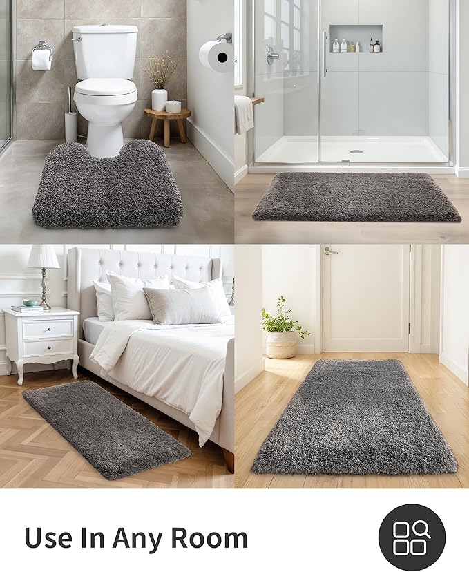ILANGO Dark Gray Toilet Rugs U Shaped 22" × 24" Non Slip & Super Absorbent Extra Thick Soft, Washable Bath Mats for Bathroom Floor, Microfiber Plush Shaggy Contour Bath Rugs for Toilet,Dry Quick