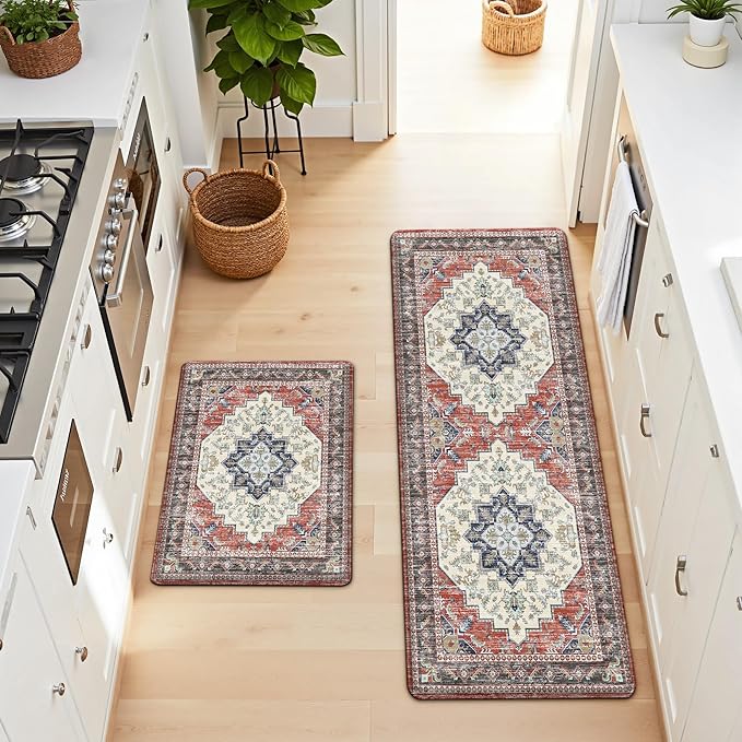 Boho Kitchen Mats for Floor 2 Piece Set Anti Fatigue Cushioned PVC Kitchen Rugs Non Slip Waterproof Farmhouse Mats 2/5 Inch Comfort Standing Mat for Sink, Laundry, 17.3"x47"+17.3"x28", Taupe Red