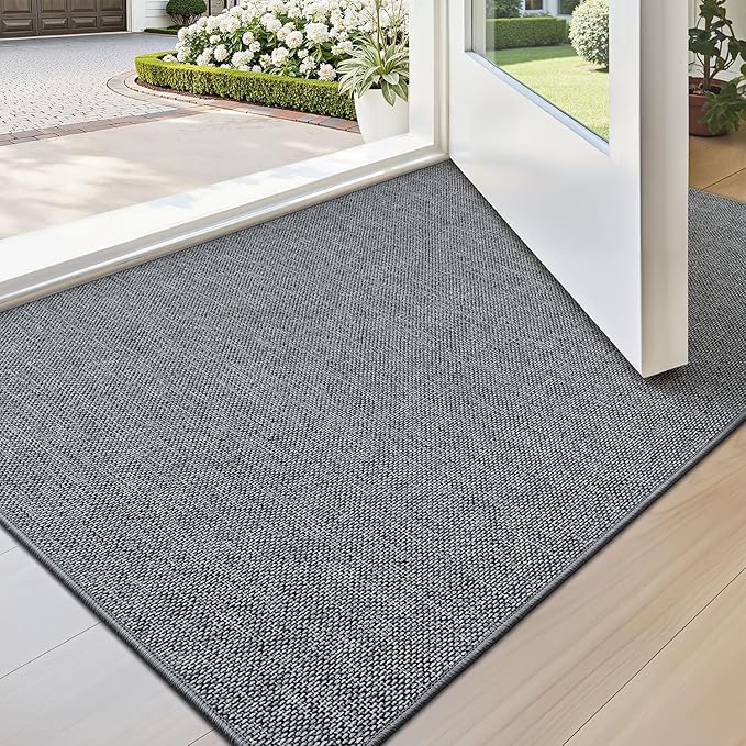 LUMI Ultra Thin Door Mat for Entryway, Low Profile Non Slip Rubber Backing Indoor Doormat, Easy Clean Welcome Entrance Mat for Inside House, Patio, Dark Grey 20"x32"