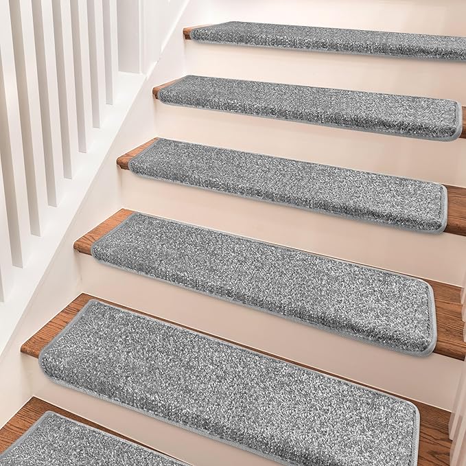 PURE ERA Bullnose Carpet Stair Treads Set Tape Free Non-Slip Indoor Stair Protectors Pet Friendly Rugs Covers Soft Skid Resistant Washable Reusable 9.5" x 30"(2 Pieces,Gray)