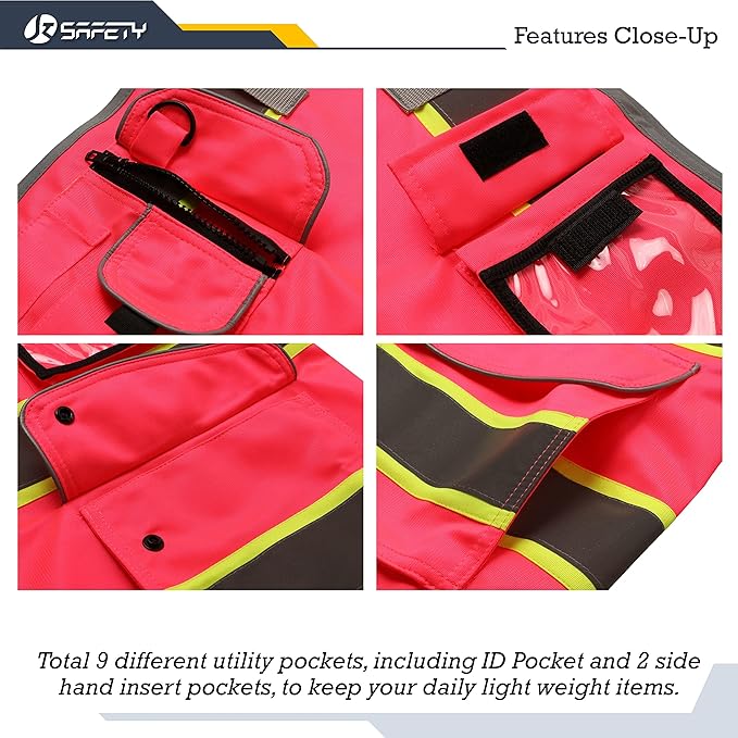 JKSafety 9 Pockets High Visibility Zipper Front Safety Vest | Pink with Dual Tone High Reflective Strips | Meets ANSI/ISEA Standards (901-Pink, 3X-Large)