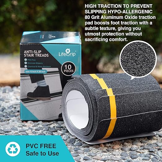 LifeGrip Anti Slip Traction Treads with Reflective Stripe (10-Pack), 6" X 28", Best Grip Tape Grit Non Slip, Outdoor Non Skid Tape, High Traction Friction Abrasive Adhesive for Stairs Step, Black
