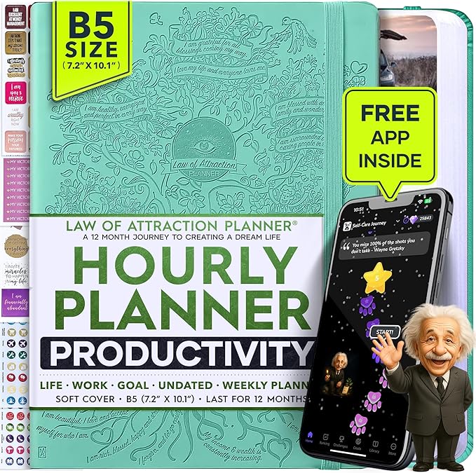 Law of Attraction Planner - Undated Hourly, Weekly & Monthly Goal Setting Planner, 12-Month to Increase Productivity | Life & Gratitude Journal, Include Foldable Vision Board, Gift Box & Stickers