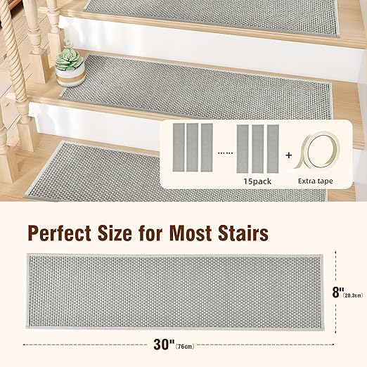 Chenille Stair Treads Non Slip 15pcs Stair Runner for Wooden Steps Rubber Backing Stairs Carpet Treads Indoor Staircase Covers Mat with Rubber Backing for Pets and Kids 8"X30" Grey