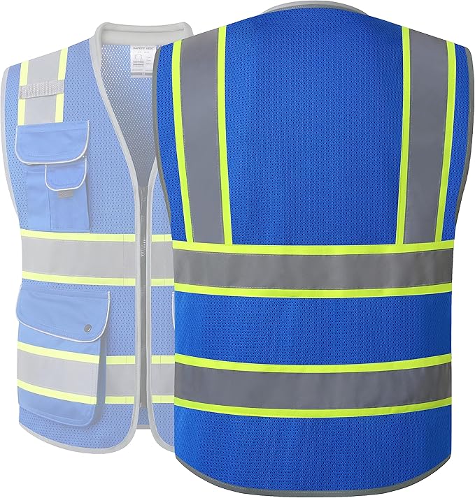 JKSafety 9 Pockets Hi-Vis Safety Vest Breathable Mesh Fabric Cushioned Collar Work Utility PPE Lightweight Industrial Work Gear ANSI/ISEA compliant (101-Blue L)
