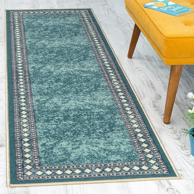 Antep Rugs Alfombras Modern Bordered 2x10 Non-Skid (Non-Slip) Low Profile Pile Rubber Backing Indoor Area Runner Rugs (Blue, 2' x 10')