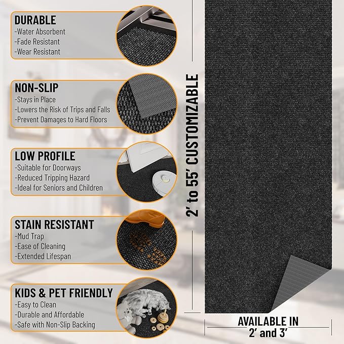 Ottomanson Commercial Scrape Rib Entry Mat – Heavy Duty Ribbed Floor Mat for High Traffic – Non Slip Rubber Back, Waterproof – Indoor Outdoor Use for Offices, Schools, Lobbies, 2'7" x 31', Black