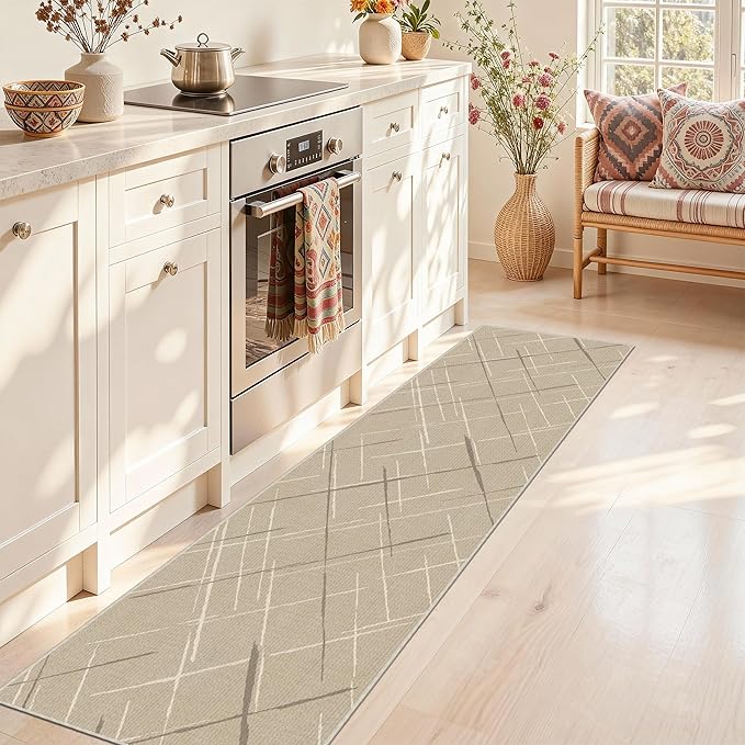 Beige Runner Rug Ultra Non-Slip 2x8 Washable Entryway Rug Modern Tear and Stain Resistance No Pile Hand-Woven Style Lightweight Runners for Hallways, Kitchen, Laundry Room, Bedside, Beige