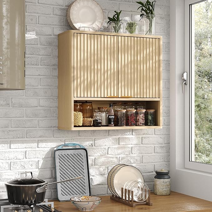 Furnideco Bathroom Medicine Cabinet with Fluted Doors, 3-Tier Modern Wall Cabinet Over Toilet, Small Hanging Storage Cabinet for Bathroom, Natural