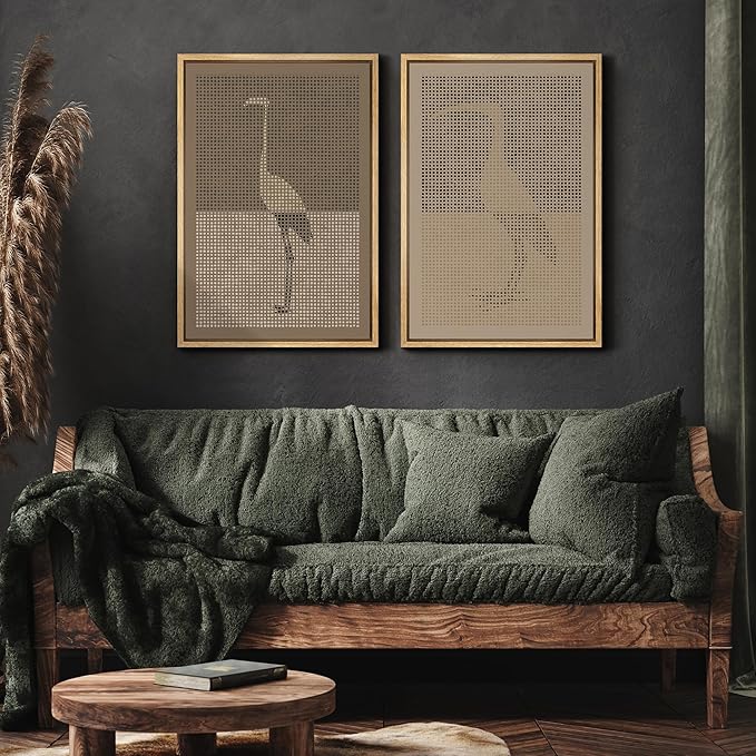 MUDECOR Framed Canvas Print Wall Art Bird Silhouette Modern Minimalist with Heron Crane Illustrations Modern Art Decorative Bohemian Colorful for Living Room, Bedroom, Office - 16"x24"x2 Natural