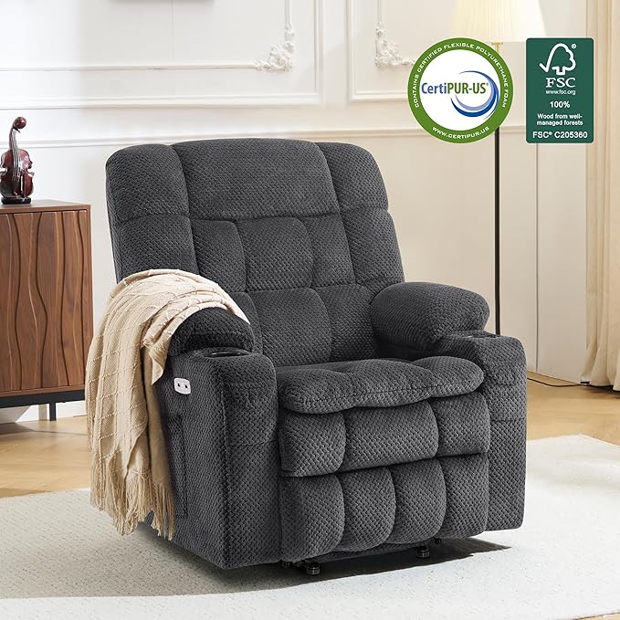 MCombo Dual Motor Power Lift Recliner Chair for Elderly, Lay Flat Lift Chair with Heat and Massage, Petite Lift Chair, Cup Holders, USB A&C Ports, Fabric 7893 (Small, Dark Gray)