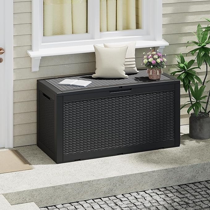 NUNU LAB 102 Gallon Large Waterproof Resin Deck Box, Lockable Outdoor Storage Box with Gas Lift, Patio Cushions, Garden Tools, Pool Supplies, Indoor Outdoor Storage Container, Black