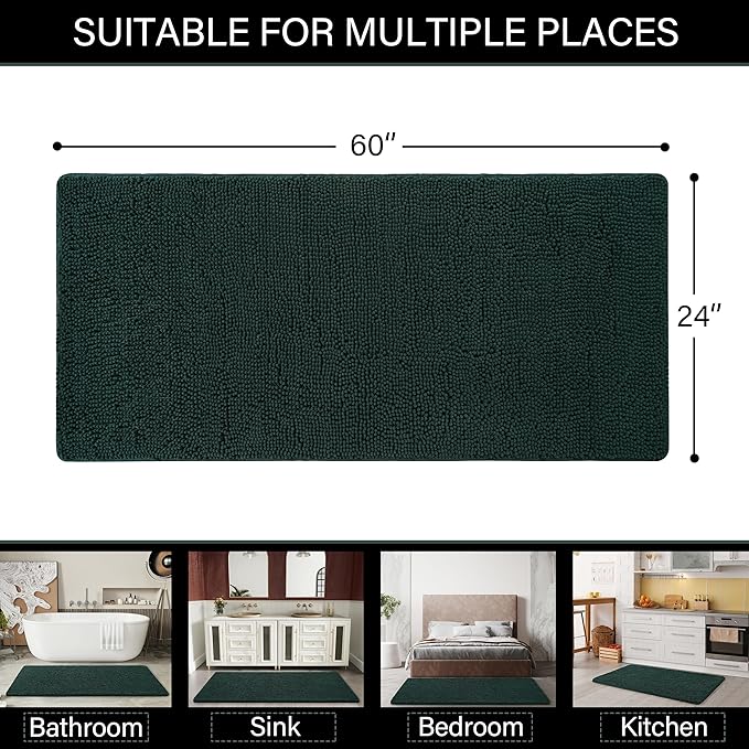 LOCHAS Luxury Bathroom Rug Shaggy Bath Mat 24 x 60 Inch, Washable Non Slip Bath Rugs for Bathroom Shower, Soft Plush Chenille Absorbent Carpets Mats, Hunter Green