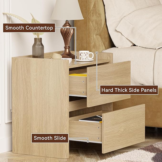 Nightstand with 2 Storage Drawer, Modern End Table for Bedroom with Cut-Out Handle, Large Night Stands for Bedroom, Home Office, Set of 2, Oak
