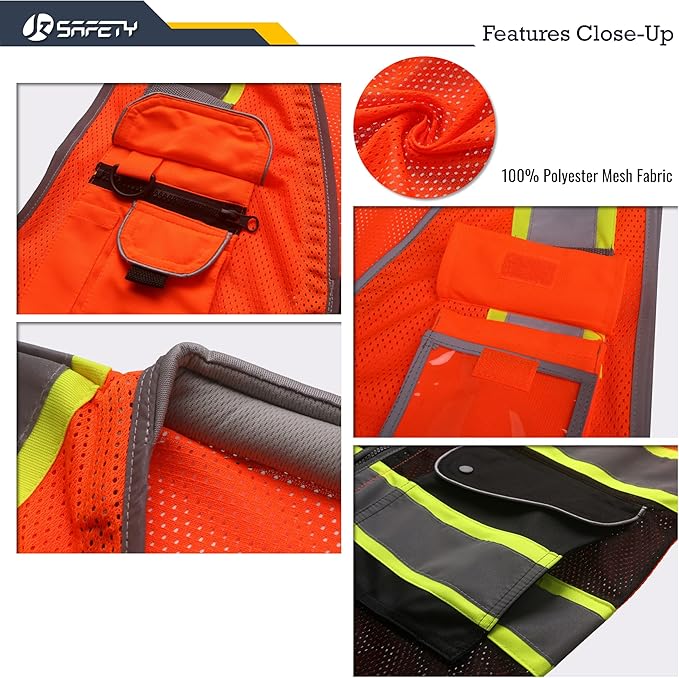 JKSafety 9 Pockets Hi-Vis Safety Vest High Visibility Reflecitive Mesh Safety Vests for Men and Women Cushioned Collar Work Utility PPE Work Gear ANSI/ISEA compliant Class 2 (101-OBlk M)