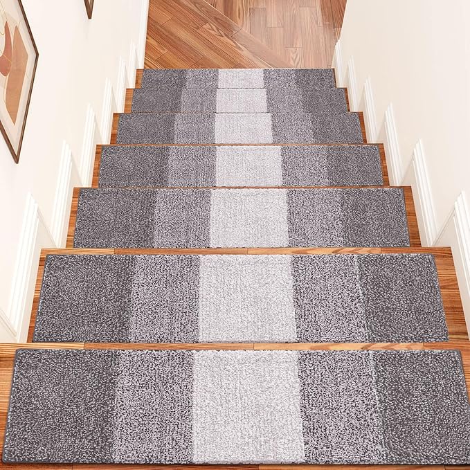 OLANLY Stair Treads Non Slip 15PCS, 8" x 30" Indoor Stair Runners for Wooden Steps, Edging Stair Rugs with Reusable Peel and Stick Adhesive for Kids Elders and Pets, Light Grey