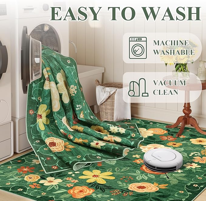 DUKINO 2x4 Rug for Entryway, Washable Kitchen Floral Runner Rug with Non Slip Backing, Low Pile Soft Boho Carpet for Kitchen, Hallway, Entryway, Laundry, Bedroom, Dark Green