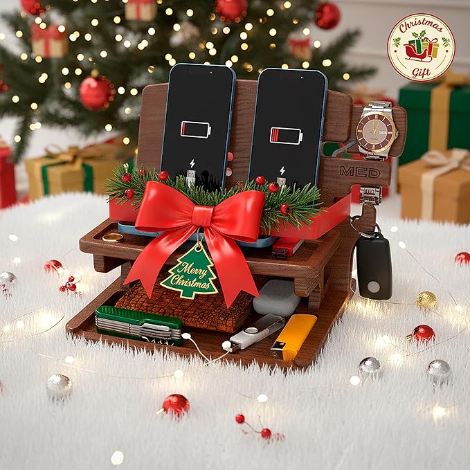 MED Wood Phone Docking Station – Nightstand Desk Organizer for Phone, Watch, Wallet & Tablet – Gift for Men, Husband, Dad & Women – Wooden Charging Stand, (Dark Walnut, Model 2)