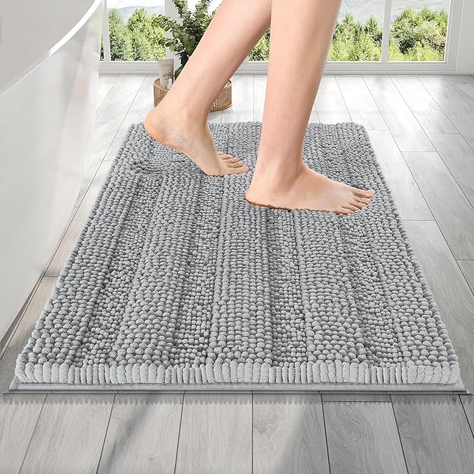 OLANLY Thick Bathroom Rugs 24x16, Extra Soft Absorbent Chenille Striped Bath Rugs, Rubber Backing, Machine Wash Dry, Bath Mats for Bathroom Floor, Tub and Shower, Home Decor Accessories, Light Grey