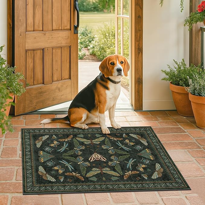 2x3 Entry Way Rugs Indoor - Dark Green Small Throw Rug for Kitchen, Bathroom, Insect Boho Design, Washable Non Slip Stain Resistant