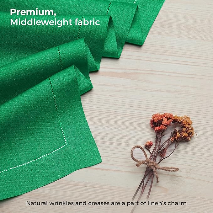 D'Moksha Homes Linen Kelly Green Table Runner 132 Inches Long - 100% Pure Linen Extra Long Table Runner 14 x 132 Inch for St Patricks Day, Easter - Classic Hemstitch