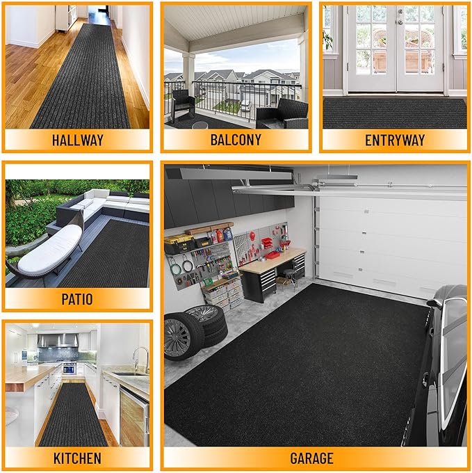Ottomanson 2'7" x 28' Hallway Runner with Scraper Pile - Extra Durable Non-Slip Rug Mat for Indoor & Outdoor Use - Ideal for Kitchen, Entryway & Garage - High-Traffic Carpet, Black