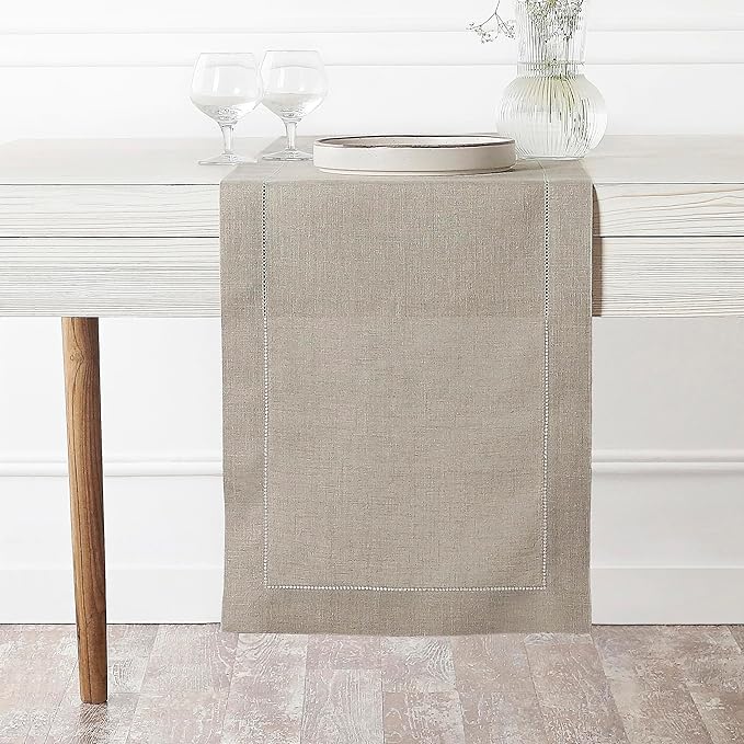 D'Moksha Homes Linen Natural Table Runner 90 Inches Long - Classic Hemstitch 100% Pure Linen Dining Table Runner 14 x 90 Inch for Valentines, Spring, Easter