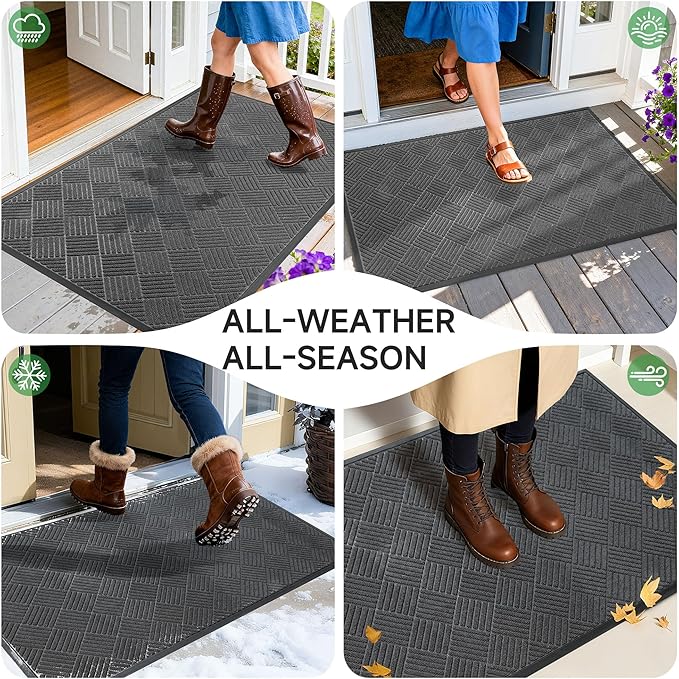 Front Door Mat, Heavy Duty Indoor Outdoor Doormat, 48" x 36" Low Profile Outdoor Mats for Home Entrance, Stain and Fade Resistant Welcome Mat Ideal for High Traffic Area, Diamond Grey