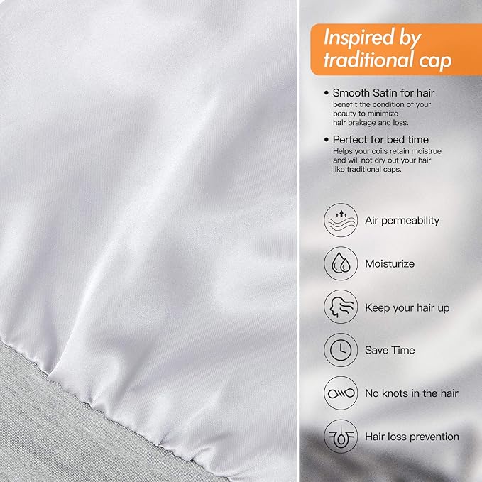 Silk Satin Lined Bonnet Sleep Cap - Adjustable Stay on All Night Hair Wrap Cover Slouchy Beanie for Curly Hair Protection for Women and Men - Solid Light Grey