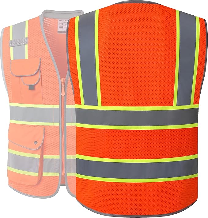 JKSafety 9 Pockets Hi-Vis Safety Vest Breathable Mesh Fabric Cushioned Collar Work Utility PPE Lightweight Industrial Work Gear ANSI/ISEA compliant (101-Orange 3XL)