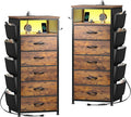 EnHomee Tall Night Stand Set 2 with 5 Drawers, LED Nightstand with Ports & Outlets, Bedside Table with Extra Side Bag & Storage Shelf & Hooks, Bedroom, Dorm, Closet
