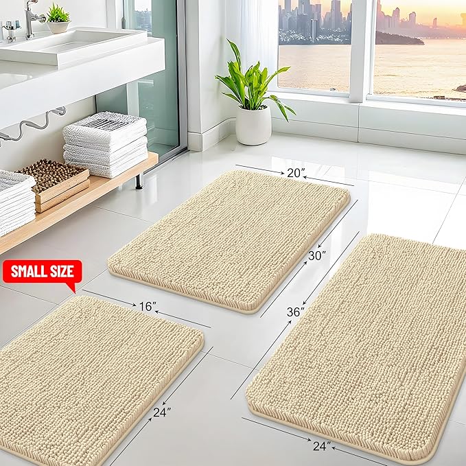 Arotive Bathroom Rugs 34x21, Extra Soft Absorbent Shaggy Chenille Bath Rugs, Machine Washable Rubber Backing Non-Slip Bath Mats for Bathroom Floor Tub and Shower, Home Decor Accessories, Beige
