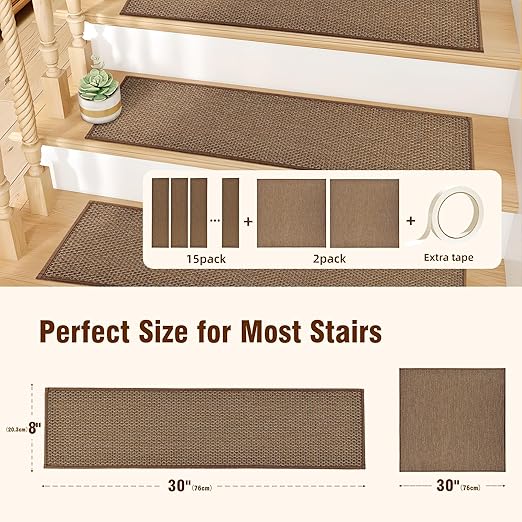 Deerly 15pcs Brown Stairs Treads and 1 Landing Carpet, Breathable Linen Stair Carpet Non Slip for Wooden Steps Peel and Stick Stairs Runner Indoor Self-Adhesive Treads Stair Covers 8"X30" and 30"X30"