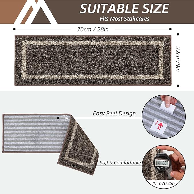 COSY HOMEER Soft Stair Treads Non-Slip Carpet Mat 28inX9in Indoor Stair Runners for Wooden Steps,Stair Rugs for Kids and Dogs, 100% Polyester TPE Backing 4pcs,Brown,Square