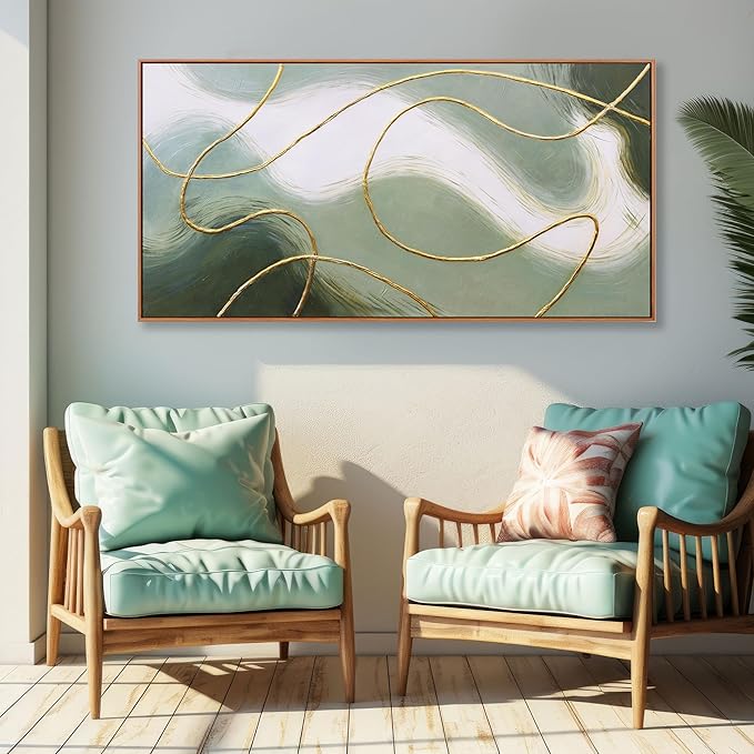 Abstract Wall Art Minimalism Green White and Gold Lines Boho Canvas Wall Decor Framed Artwork Modern Home Wall Decor for Living Room Bedroom Office 20"x40"