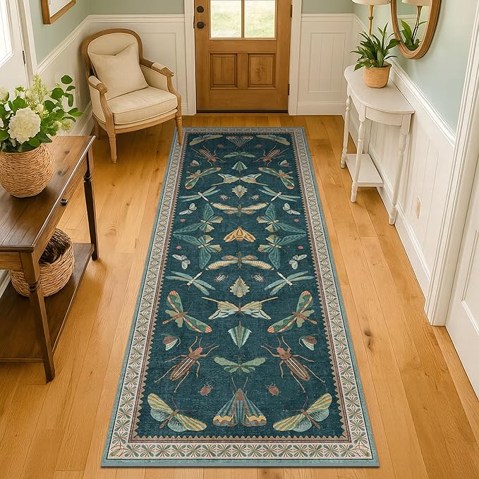 Brown and Green Kitchen Sink Runner Rug 2x6 - Teal Boho Bathroom Rugs for Entrance Indoor, Insect Print Floral Vintage, Washable Non Skid Stain Resistant