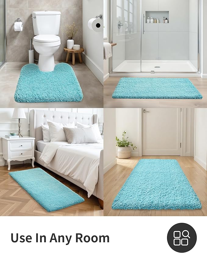 ILANGO Teal Toilet Rugs U Shaped 22" × 24" Non Slip & Super Absorbent Extra Thick Soft, Washable Bath Mats for Bathroom Floor, Microfiber Plush Shaggy Contour Bath Rugs for Toilet,Dry Quick