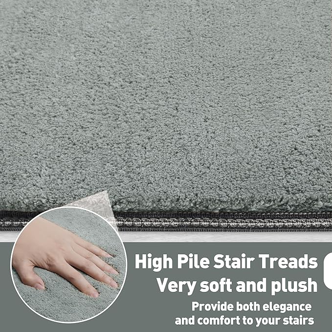 PURE ERA Carpet Stair Treads Ultra Plush 8" X 30" Soft Indoor Stair Protectors Pet-Friendly Non-Slip Skid Resistant Tape Free Washable Reusable(14 Pieces, Greenish Gray)