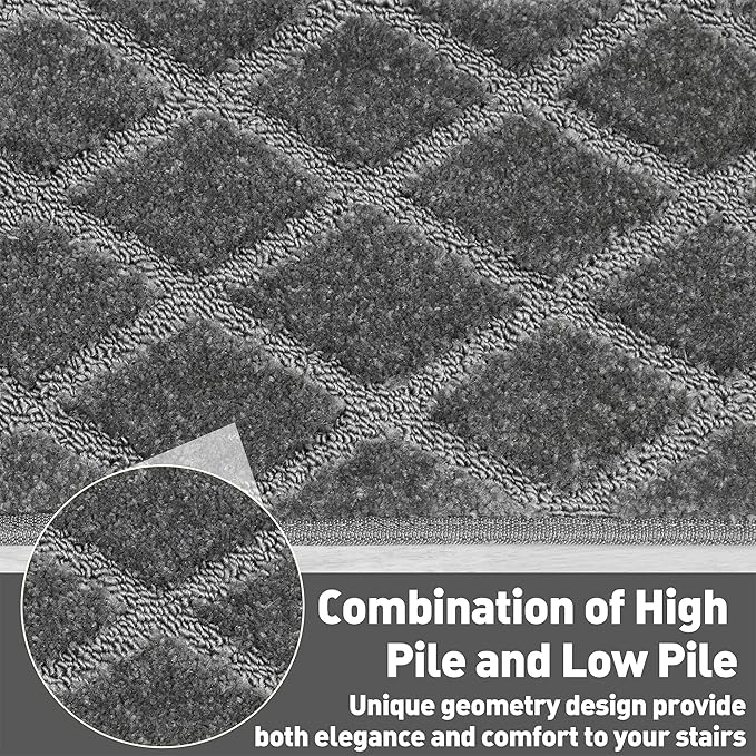 PURE ERA Bullnose Carpet Stair Treads Set Tape Free Non-Slip Indoor Stair Protectors Pet Friendly Rugs 9.5" x 30"(2 Pieces,Grey Diamond Trellis)
