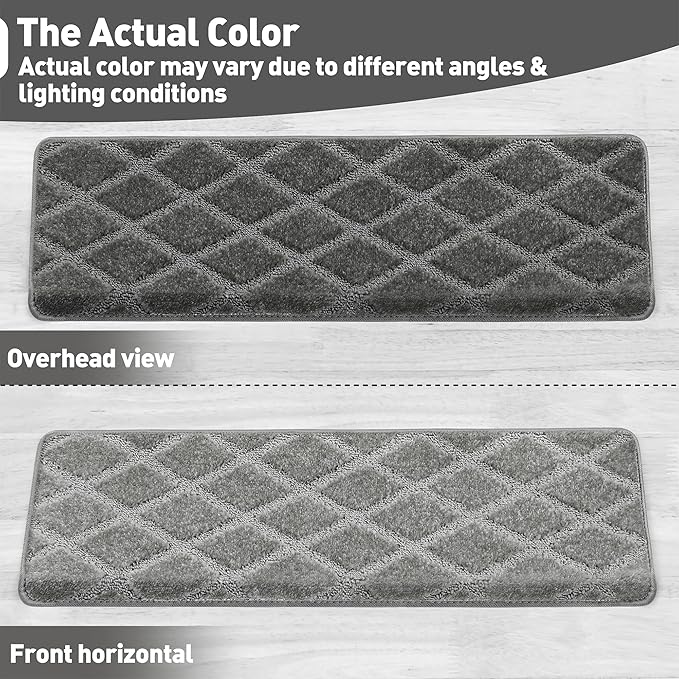 PURE ERA Bullnose Carpet Stair Treads Set Tape Free Non-Slip Indoor Stair Protectors Pet Friendly Rugs 9.5" x 30"(14 Pieces,Grey Diamond Trellis)