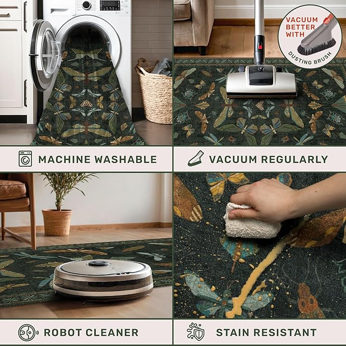 6x9 Dark Green Area Rugs for Dining Room - Rugs for Living Room, Bedroom Under Bed, Insect Moth Floral Non Slip Low Pile Floor Carpet
