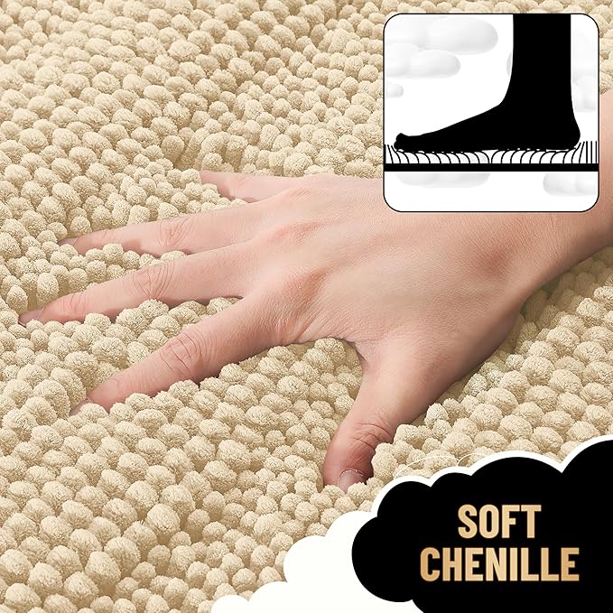 OLANLY Thick Bathroom Rugs 47x20, Extra Soft Absorbent Chenille Striped Bath Rugs, Rubber Backing, Machine Wash Dry, Bath Mats for Bathroom Floor, Tub and Shower, Home Decor Accessories, Beige