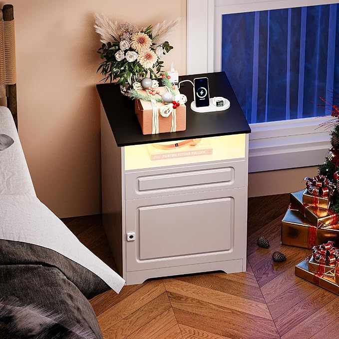 Night Stand with Charging Station,Fingerprint Lock Bedside Table with Drawers,Farmhouse End Table and Nightstand,Small Side Table for Bedroom,Living Room (White-with Fingerprint Lock, 1-Pcs)