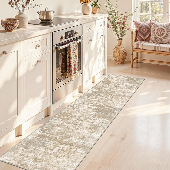 Runners for Hallways Non-Slip 2x8 Washable Kitchen Rug Abstract Tear and Stain Resistance No Pile Hand-Woven Style Lightweight Runners for Entryway, Laundry Room, Bedside, Beige/Yellow
