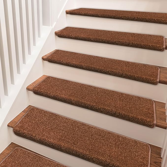 PURE ERA Bullnose Carpet Stair Treads Set Tape Free Non-Slip Indoor Stair Protectors Pet Friendly Rugs Covers Soft Skid Resistant Washable Reusable 9.5" x 30"(14 Pieces,Brown)