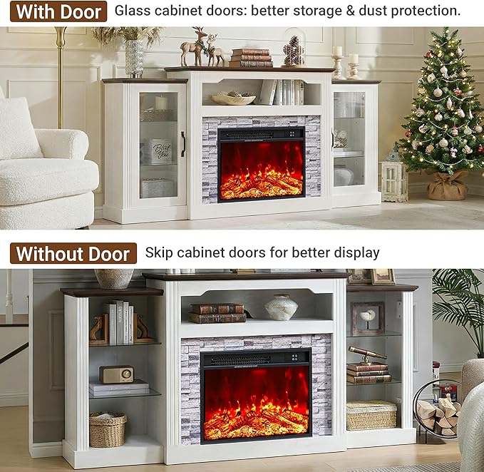 70“ Fireplace TV Stand, 4800 BTU Electric Fireplace with Mantel, Farmhouse Style Wooden TV Console Entertainment Center with Storage, Remote Control, Heating for Living Room, Bedroom, White