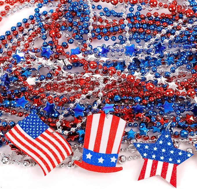 Moon Boat 120PCS 4th of July Accessories Necklaces: Blue White and Red Beads Bulk, Patriotic Party Independence Memorial Day Favors Toys Decorations