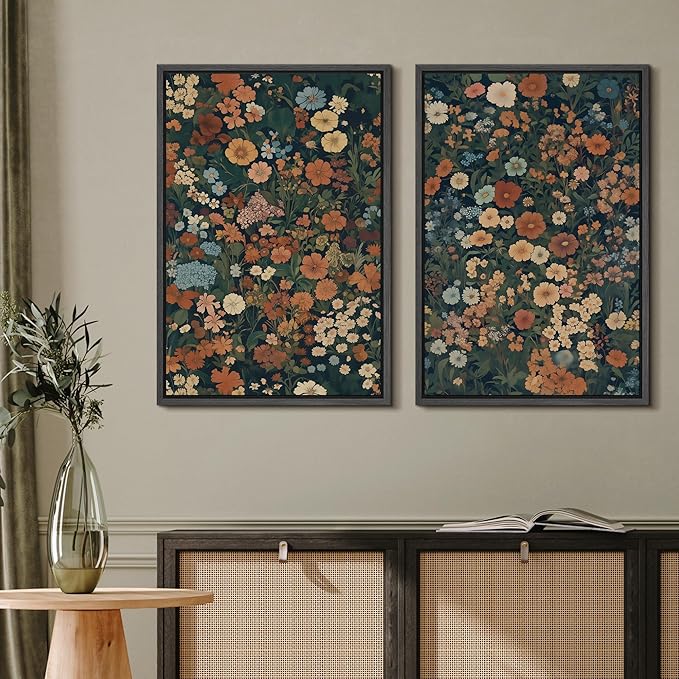 MUDECOR Framed Canvas Print Wall Art Vintage Floral Botanical Colorful Wildflowers Illustrations Modern Art Decorative Bohemian Colorful for Living Room, Bedroom, Office - 16"x24"x2 Black